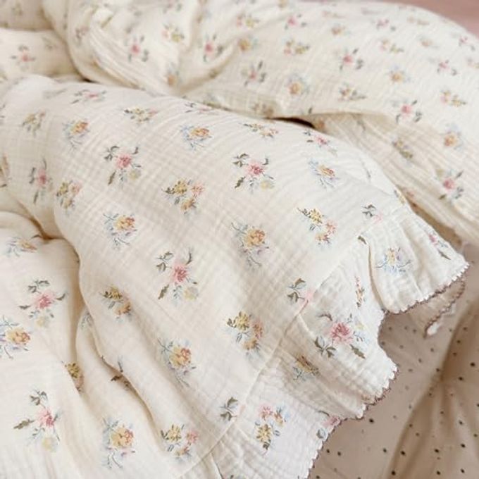 AOJIM Kids Muslin Duvet Cover With Azalea Pattern, Pure Cotton Floral Print Toddler Bedding Comforter Cover 1 Piece 47X59'', Ruffled Edges Crib Duvet Cover 2-Layer Muslin For Boys Girls, No Comforter - Image 3