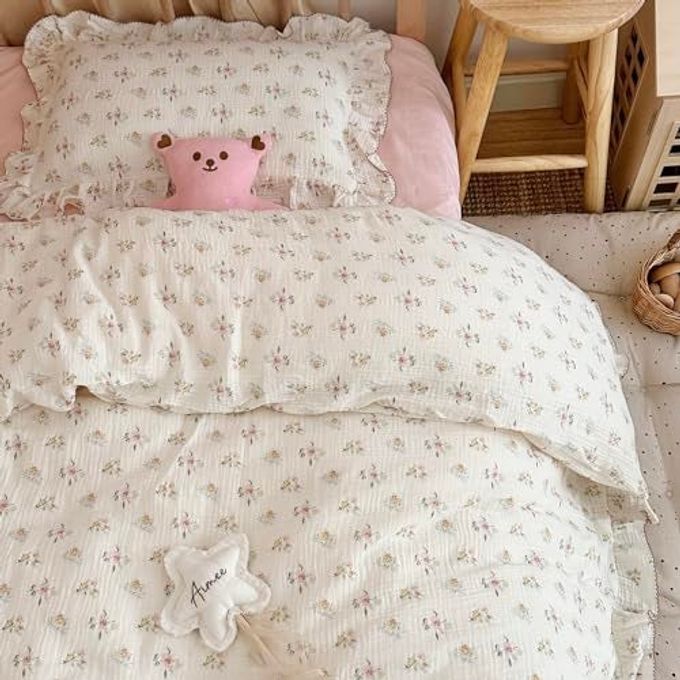 AOJIM Kids Muslin Duvet Cover With Azalea Pattern, Pure Cotton Floral Print Toddler Bedding Comforter Cover 1 Piece 47X59'', Ruffled Edges Crib Duvet Cover 2-Layer Muslin For Boys Girls, No Comforter - Image 2
