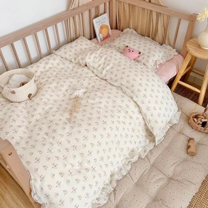 AOJIM Kids Muslin Duvet Cover With Azalea Pattern, Pure Cotton Floral Print Toddler Bedding Comforter Cover 1 Piece 47X59'', Ruffled Edges Crib Duvet Cover 2-Layer Muslin For Boys Girls, No Comforter - Image 1