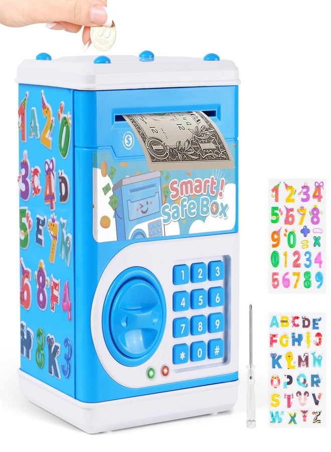 STOPKLAS Piggy Bank for Kids ATM Bank Money Saving Box Money Safe Cash Coin Can with Password Electronic Money Bank Toy with DIY Stickers for Boys Girls Birthday for 3-11 Year Old, Blue - Image 1