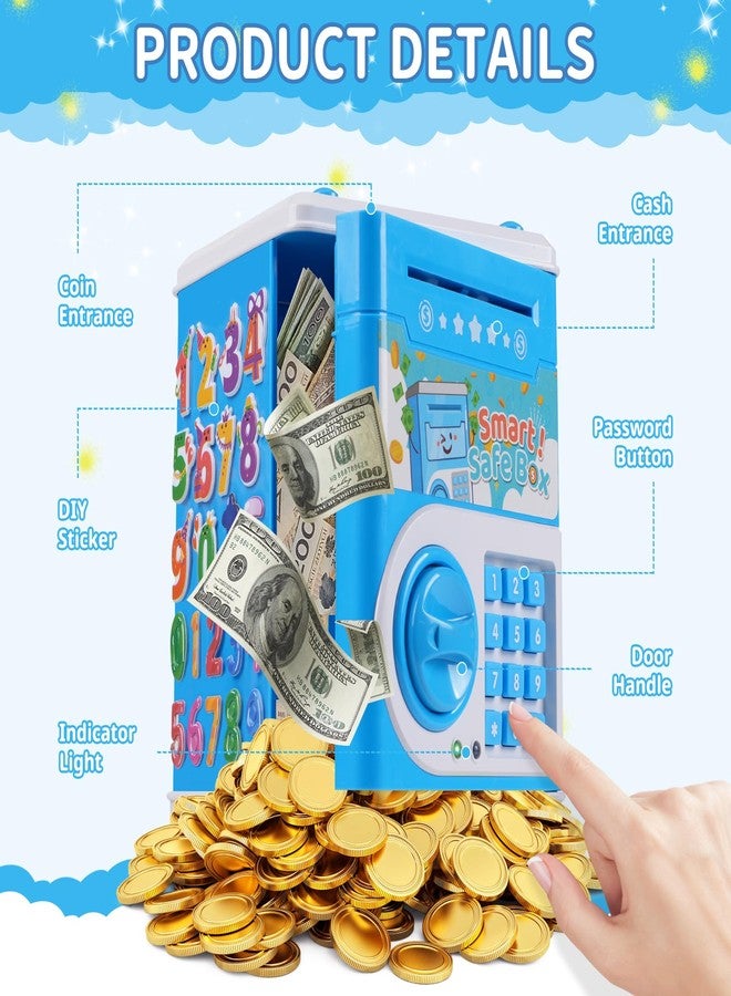 STOPKLAS Piggy Bank for Kids ATM Bank Money Saving Box Money Safe Cash Coin Can with Password Electronic Money Bank Toy with DIY Stickers for Boys Girls Birthday for 3-11 Year Old, Blue - Image 4