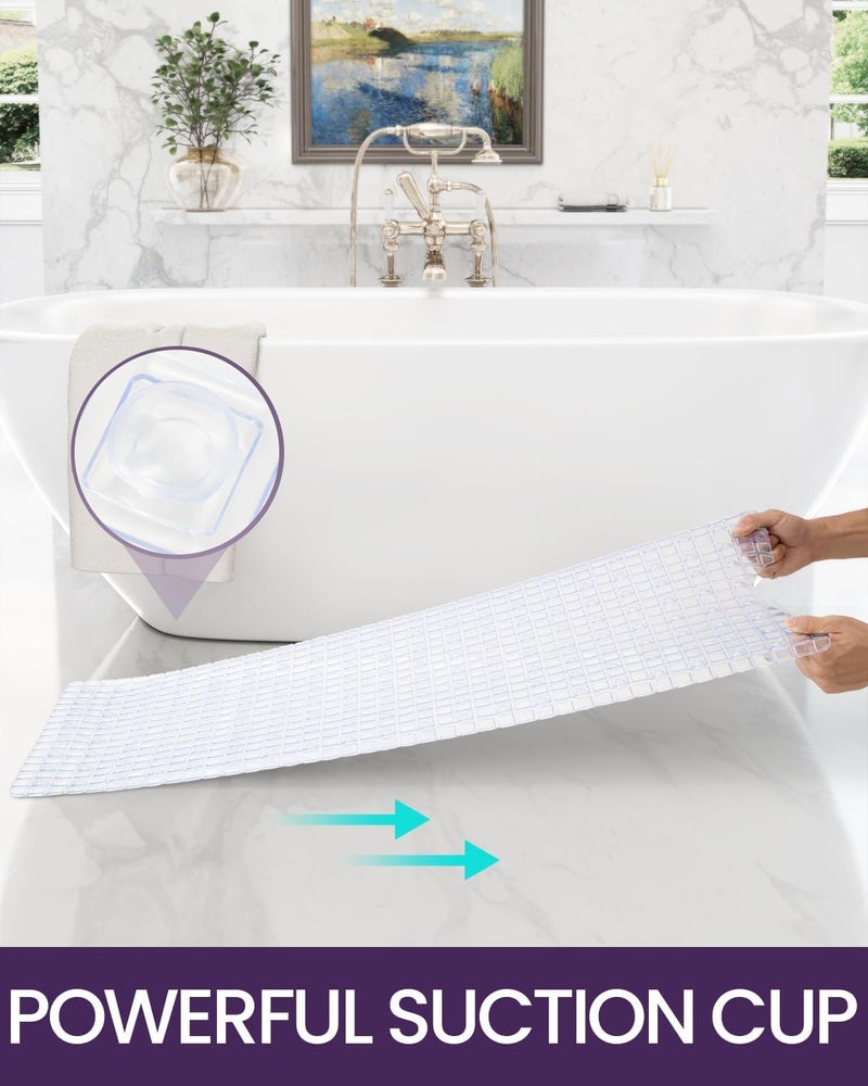 Non-Slip Bathtub Mat 65 x 35 cm, Long Shower Bath Mat with Strong Suction Cups, Quick Drain Holes, Machine Washable Bathroom Safety Mat, Anti-Slip Tub Mat, (Transparent) - Image 4