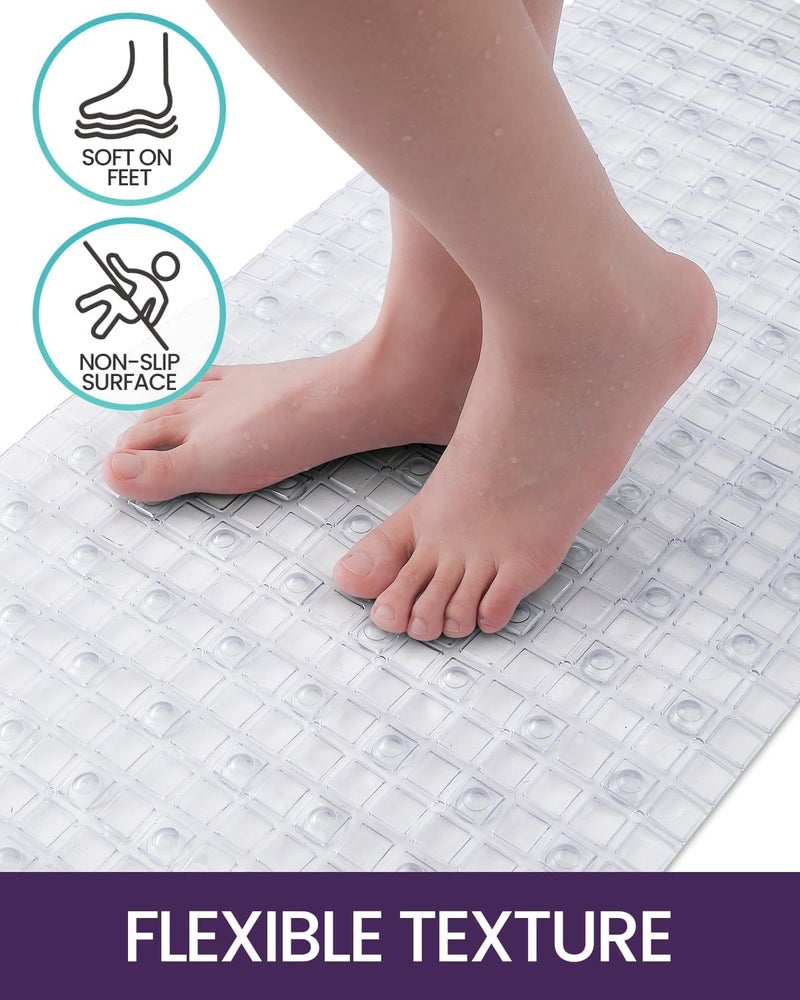 Non-Slip Bathtub Mat 65 x 35 cm, Long Shower Bath Mat with Strong Suction Cups, Quick Drain Holes, Machine Washable Bathroom Safety Mat, Anti-Slip Tub Mat, (Transparent) - Image 3
