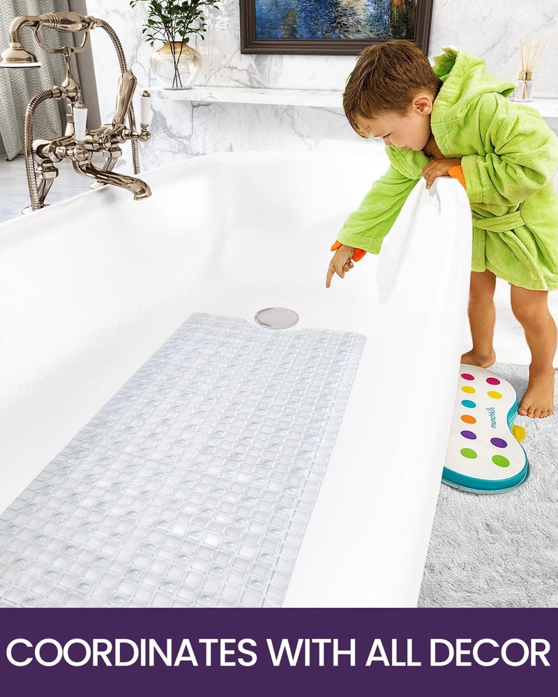 Non-Slip Bathtub Mat 65 x 35 cm, Long Shower Bath Mat with Strong Suction Cups, Quick Drain Holes, Machine Washable Bathroom Safety Mat, Anti-Slip Tub Mat, (Transparent) - Image 2