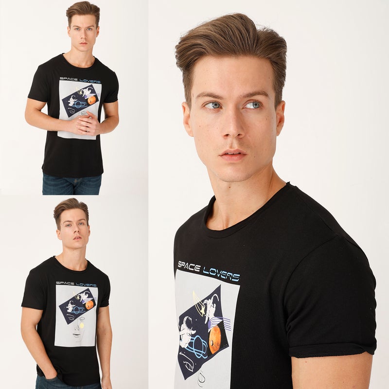 Faces Crew Neck T-Shirt, Space Lovers Written, Printed, Men's T-Shirt, Soft Cotton Fabric, L Size - Image 5