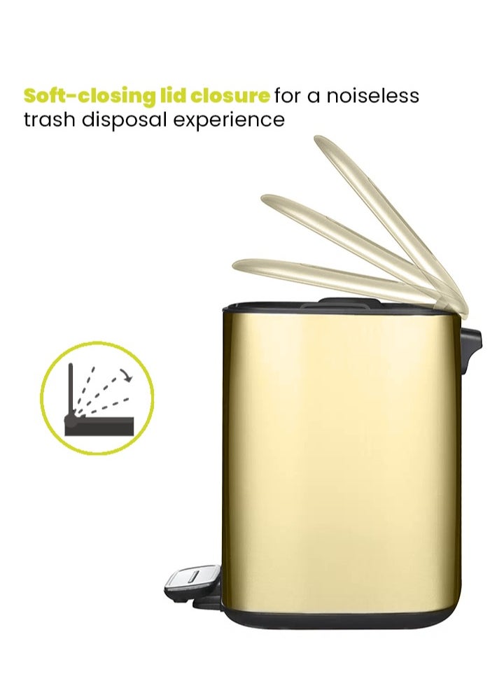 EKO - REGENT SERIES | Brushed Stainless Steel Finish | Soft-Closing | Fingerprint-Resistant | Pedal Trash & Garbage Bin | Multiple Sizes ( 6 - 32 Liters ) & Colors  | 12 Liters | Champagne Gold - Image 1
