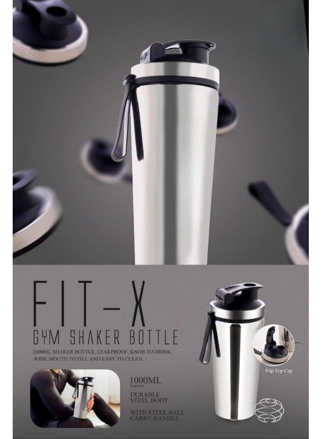 MIJILIX Premium FIT-X 1000ml Stainless Steel Gym Shaker Bottle with Carrying Strip & Leakproof Lid Matte Silver Coated, Rounded Base, Stylish Cap (1000ML) - Image 2