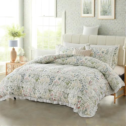 Cozaline White Ruffle Duvet Cover Set King 100% Cotton Green Floral Duvet Cover 3 Pcs Aesthetic Comforter Cover for All Seasons Soft Breathable Bedding Set with Zipper Closure - Image 5