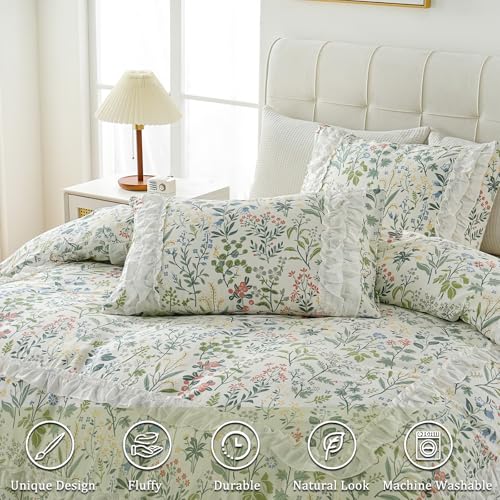 Cozaline White Ruffle Duvet Cover Set King 100% Cotton Green Floral Duvet Cover 3 Pcs Aesthetic Comforter Cover for All Seasons Soft Breathable Bedding Set with Zipper Closure - Image 2