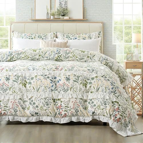 Cozaline White Ruffle Duvet Cover Set King 100% Cotton Green Floral Duvet Cover 3 Pcs Aesthetic Comforter Cover for All Seasons Soft Breathable Bedding Set with Zipper Closure - Image 1