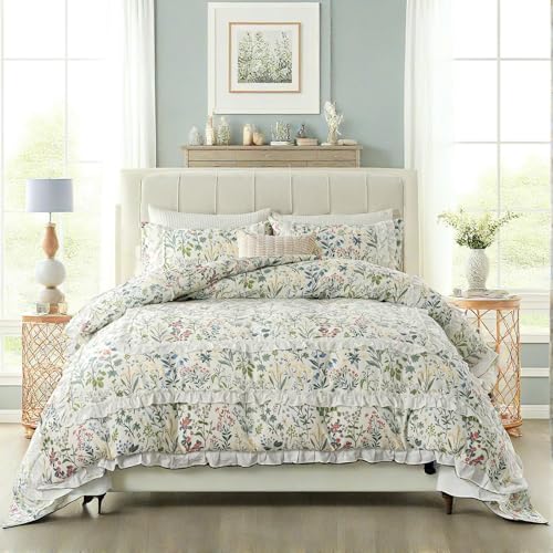 Cozaline White Ruffle Duvet Cover Set King 100% Cotton Green Floral Duvet Cover 3 Pcs Aesthetic Comforter Cover for All Seasons Soft Breathable Bedding Set with Zipper Closure - Image 4