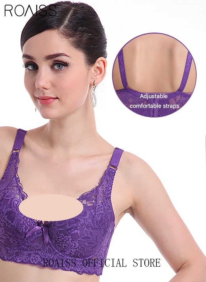roaiss Large Size Women's Charm Lace Bras Push Up Daily Underwire Ultra Thin Three-quarter Cup Bras Leisure Comfort Soft Breathable Underwear Everyday Lingerie Purple  - Image 2
