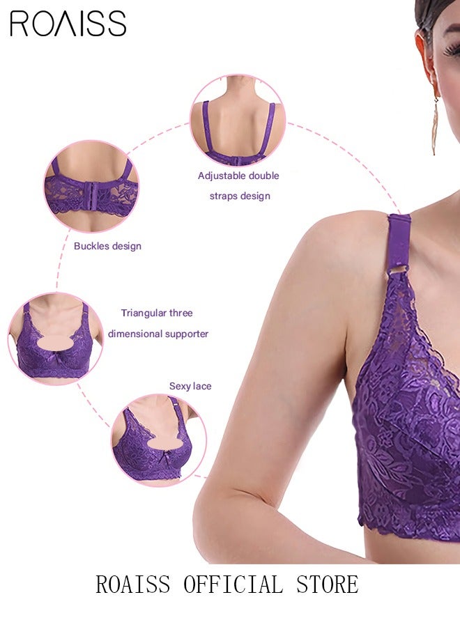 roaiss Large Size Women's Charm Lace Bras Push Up Daily Underwire Ultra Thin Three-quarter Cup Bras Leisure Comfort Soft Breathable Underwear Everyday Lingerie Purple  - Image 3