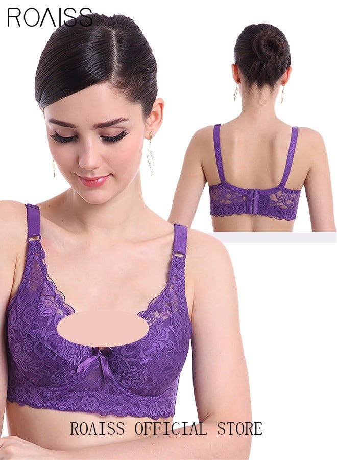 roaiss Large Size Women's Charm Lace Bras Push Up Daily Underwire Ultra Thin Three-quarter Cup Bras Leisure Comfort Soft Breathable Underwear Everyday Lingerie Purple  - Image 4