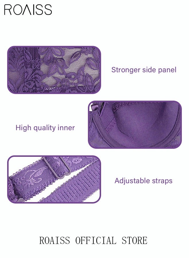 roaiss Large Size Women's Charm Lace Bras Push Up Daily Underwire Ultra Thin Three-quarter Cup Bras Leisure Comfort Soft Breathable Underwear Everyday Lingerie Purple  - Image 5