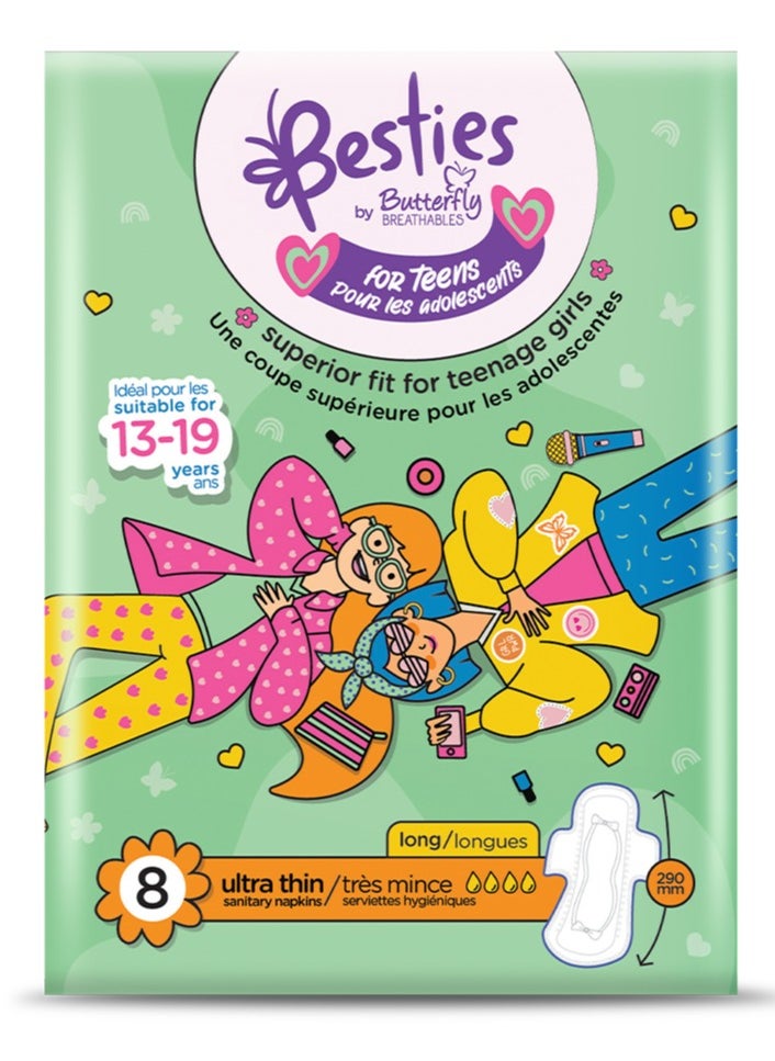 BUTTERFLY Butterfly Breathables Besties for Teens Ultra Thin Long Sanitary Pads, Suitable for Ages 13-19 Years - 8 Count  - Image 1