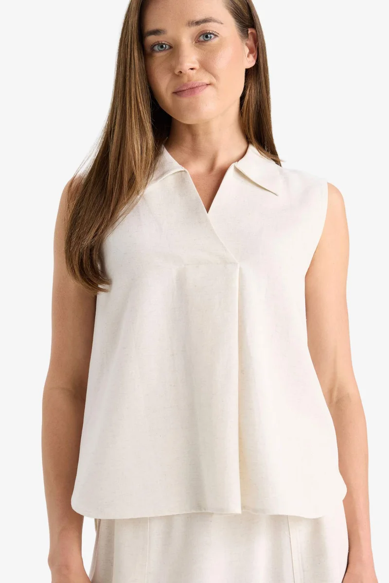 Defacto Regular Fit V Neck Linen Blend Blouse