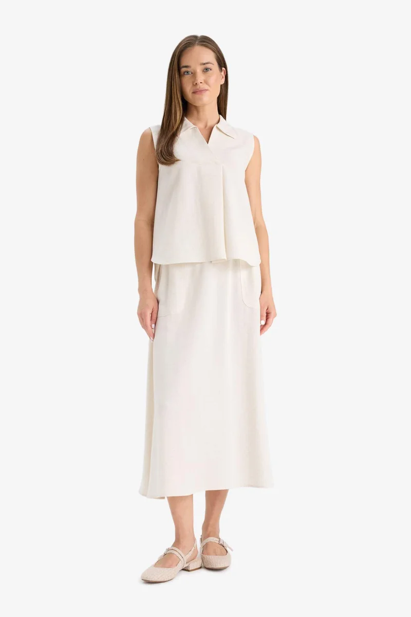 Defacto Regular Fit V Neck Linen Blend Blouse