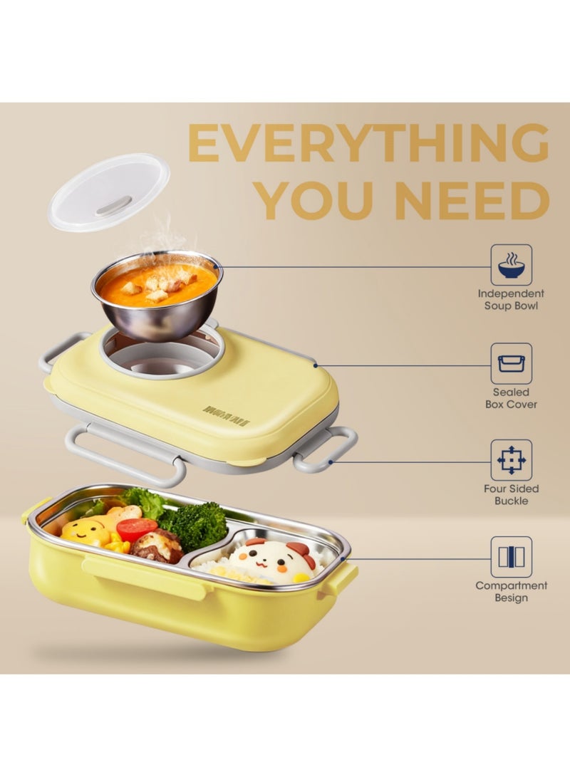 أداندو صندوق غداء من الفولاذ المقاوم للصدأ: صندوق بينتو محمول مانع للتسرب 304 - عازل حراري قابل للفصل - آمن للاستخدام في الميكروويف، سهل التنظيف، مناسب للكبار والطلاب والمكاتب والمدارس - مع حقيبة حرارية وأدوات مائدة (أصفر) - Image 2
