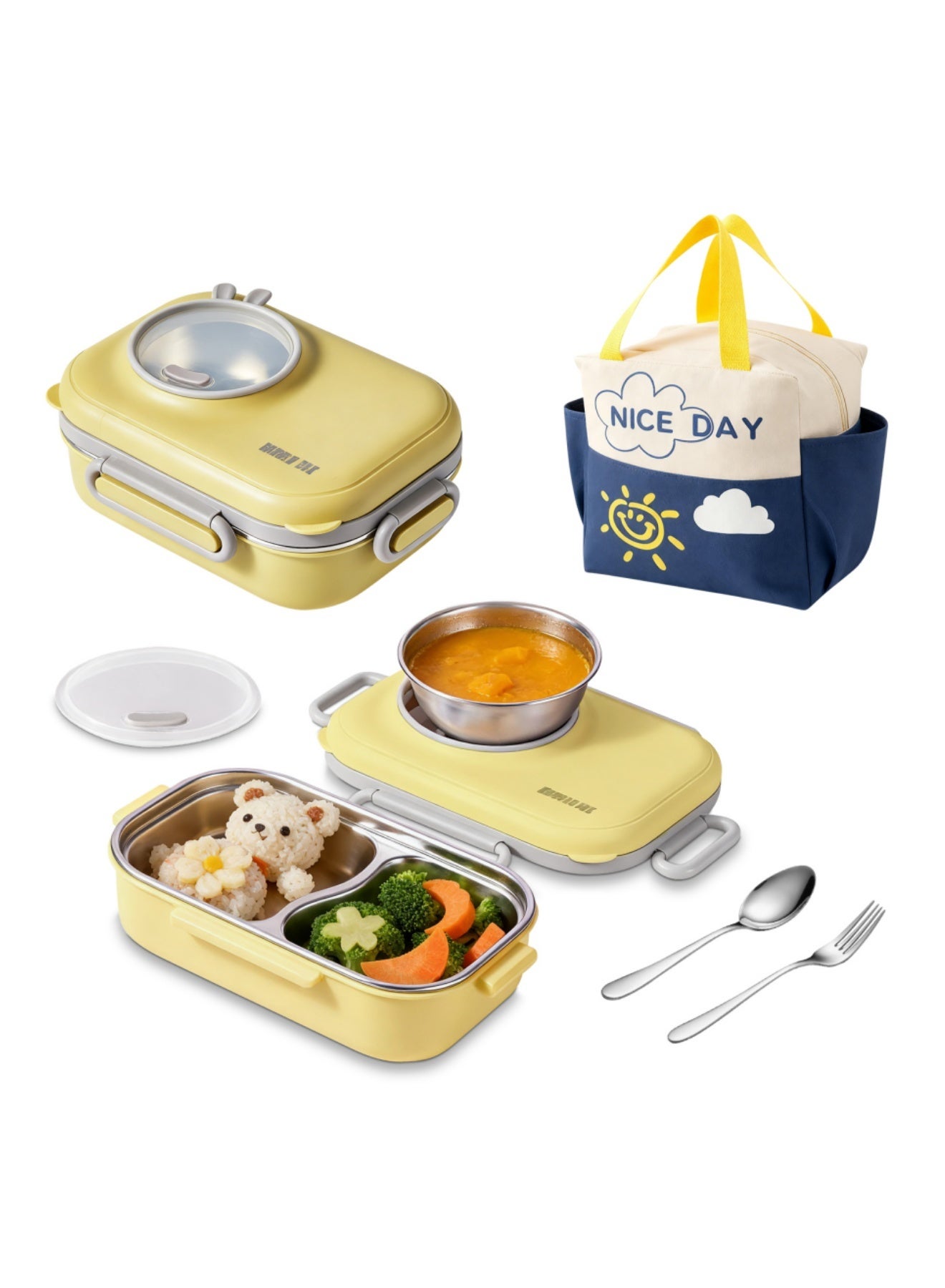 Stainless Steel Lunch Box: Portable 304 Leakproof Bento Box - Thermal Insulation Detachable - Microwave Safe Easy Clean for Adults Students Office School - with Thermal Bag & Cutlery(Yellow)