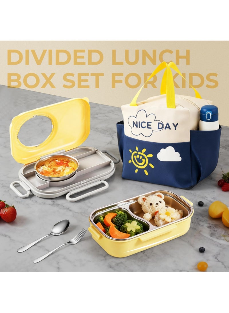 أداندو صندوق غداء من الفولاذ المقاوم للصدأ: صندوق بينتو محمول مانع للتسرب 304 - عازل حراري قابل للفصل - آمن للاستخدام في الميكروويف، سهل التنظيف، مناسب للكبار والطلاب والمكاتب والمدارس - مع حقيبة حرارية وأدوات مائدة (أصفر) - Image 4