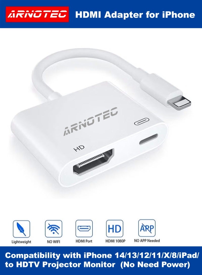 ARNOTEC [Apple MFi Certified] Lightning to HDMI Adapter, No Power Needed 1080P Video & Audio Sync Screen Converter with Lightning Charging Port, iPhone to HDMI Adapter Compatible with iOS - Image 1