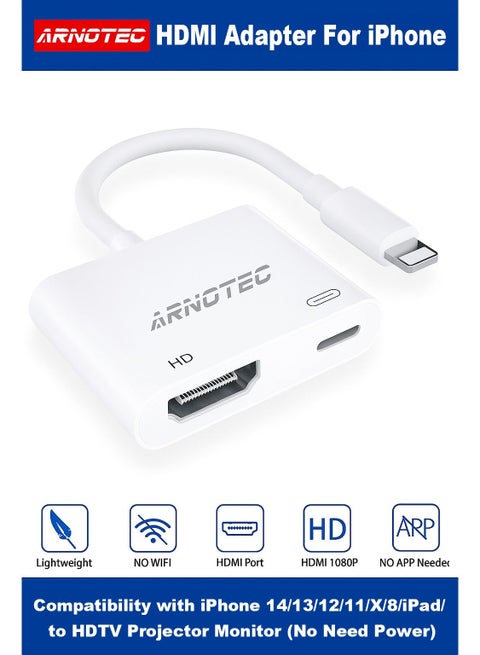 محول HDMI من iPhone إلى TV iPad إلى HDMI 1080P HD Digital AV Adapter (لا يحتاج إلى طاقة) موصل شاشة مزامنة الفيديو والصوت متوافق مع iPhone 14/13/12/11/X/8/iPad/إلى شاشة العرض HDTV