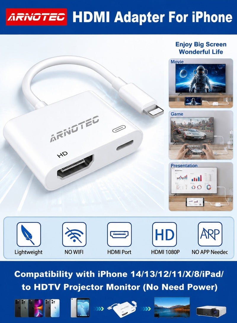 ARNOTEC محول HDMI من iPhone إلى TV iPad إلى HDMI 1080P HD Digital AV Adapter (لا يحتاج إلى طاقة) موصل شاشة مزامنة الفيديو والصوت متوافق مع iPhone 14/13/12/11/X/8/iPad/إلى شاشة العرض HDTV - Image 1