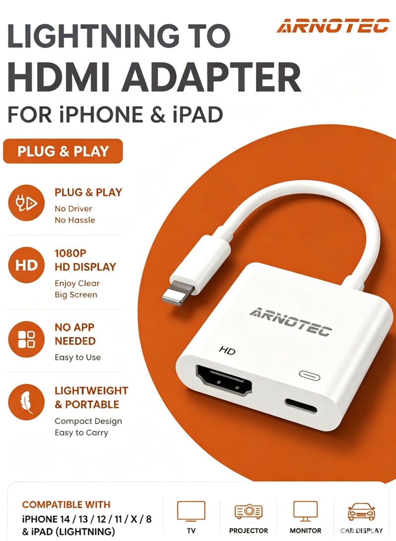 ARNOTEC [Apple MFi Certified] Lightning to HDMI Adapter, No Power Needed 1080P Video & Audio Sync Screen Converter with Lightning Charging Port, iPhone to HDMI Adapter Compatible with iOS - Image 1