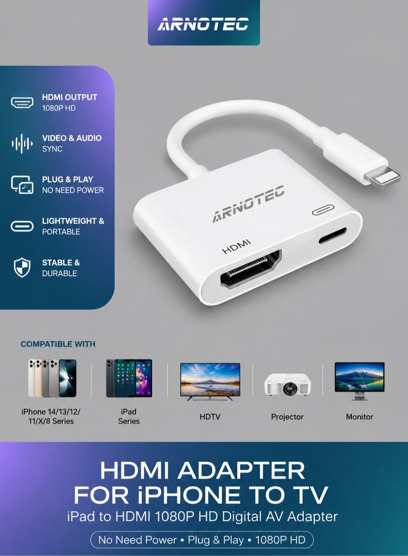 ARNOTEC محول HDMI من iPhone إلى TV iPad إلى HDMI 1080P HD Digital AV Adapter (لا يحتاج إلى طاقة) موصل شاشة مزامنة الفيديو والصوت متوافق مع iPhone 14/13/12/11/X/8/iPad/إلى شاشة العرض HDTV - Image 1