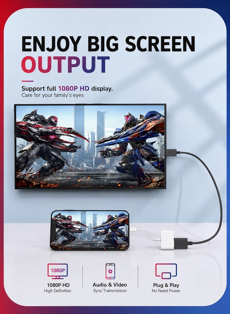 ARNOTEC محول HDMI من iPhone إلى TV iPad إلى HDMI 1080P HD Digital AV Adapter (لا يحتاج إلى طاقة) موصل شاشة مزامنة الفيديو والصوت متوافق مع iPhone 14/13/12/11/X/8/iPad/إلى شاشة العرض HDTV - Image 3