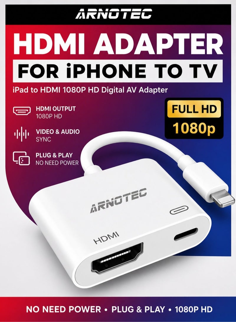 ARNOTEC محول HDMI من iPhone إلى TV iPad إلى HDMI 1080P HD Digital AV Adapter (لا يحتاج إلى طاقة) موصل شاشة مزامنة الفيديو والصوت متوافق مع iPhone 14/13/12/11/X/8/iPad/إلى شاشة العرض HDTV - Image 1