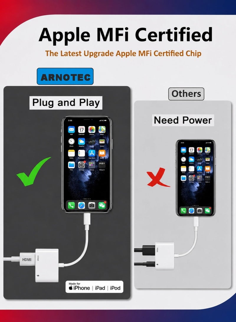 ARNOTEC محول HDMI من iPhone إلى TV iPad إلى HDMI 1080P HD Digital AV Adapter (لا يحتاج إلى طاقة) موصل شاشة مزامنة الفيديو والصوت متوافق مع iPhone 14/13/12/11/X/8/iPad/إلى شاشة العرض HDTV - Image 2