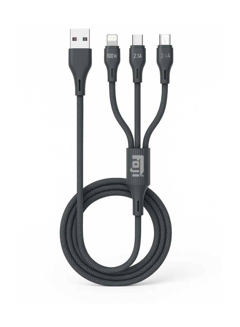 Foji 3-in-1 USB Charging Cable, 100W Fast Charging, Braided Anti-Bending Design, Metal Shell, Foji Turbo Engine
