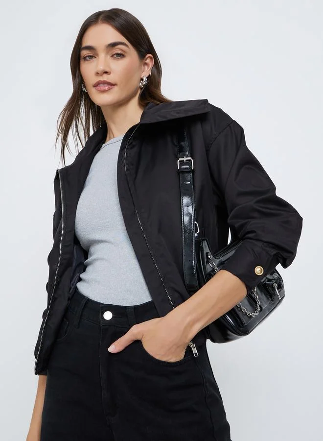 Styli Women Black Regular Fit Bomber Jacket