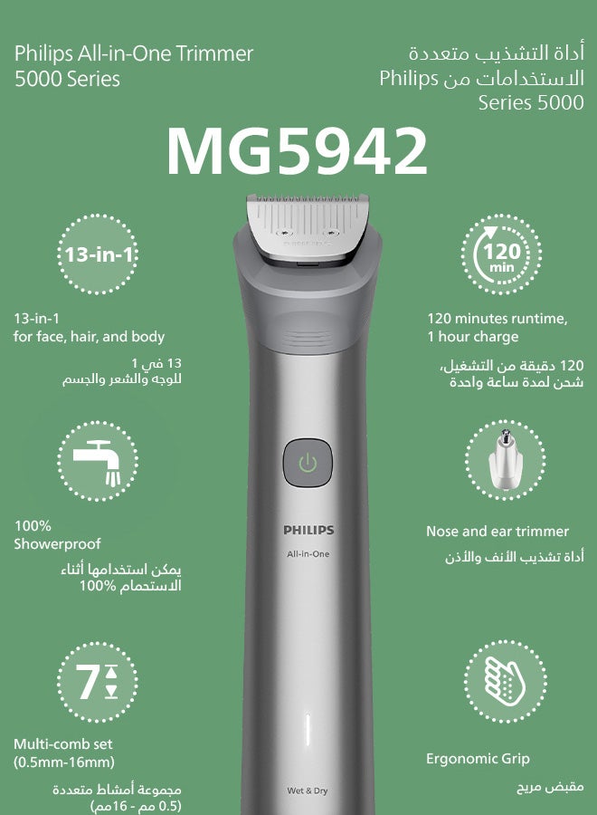 فيليبس ماكينة عناية متعددة 13 في 1 MG5942/15 | تشذيب الوجه والشعر والجسم | شفرات ذاتية الشحذ لا تحتاج صيانة | 120 دقيقة لاسلكيًا | مقاومة للماء بالكامل | شحن USB-A | حقيبة - Image 2