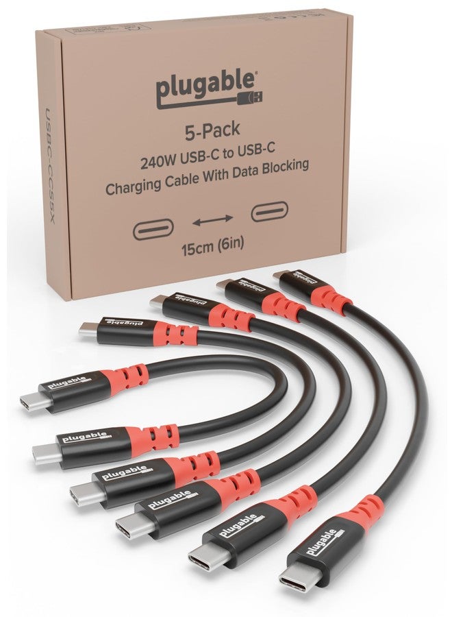 Plugable USB C to USB C Cable, Data Blocker Charge Only Cable 6in (Pack of 5): 240W Safe Charging for MacBook Pro, iPhone 15/16, iPad, XPS and More USBC Devices (USBC-CCS5X) - Image 1