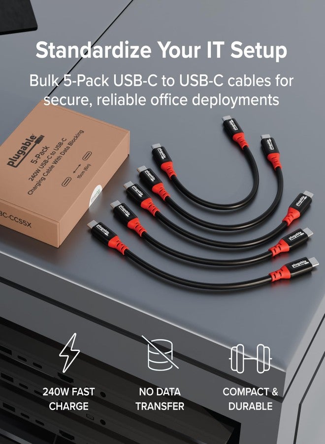 Plugable USB C to USB C Cable, Data Blocker Charge Only Cable 6in (Pack of 5): 240W Safe Charging for MacBook Pro, iPhone 15/16, iPad, XPS and More USBC Devices (USBC-CCS5X) - Image 3