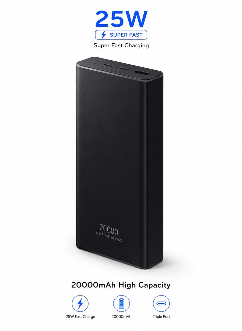 باور بانك 20000 مللي أمبير 25 واط شحن فائق السرعة Super Fast Charging، متوافق مع سامسونج جالاكسي وآيفون وأندرويد، 3 منافذ - أسود - Image 1