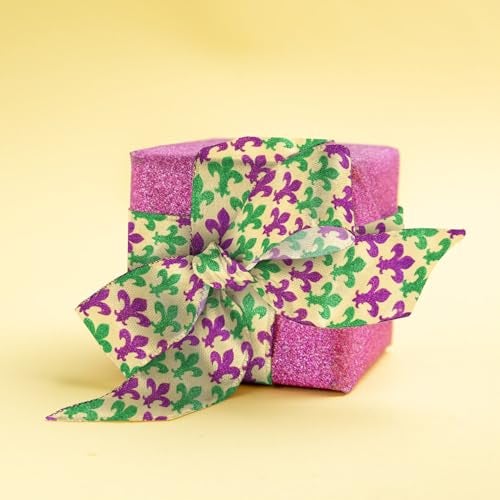 Glodecart Mardi Gras Ribbon for Wreath Bow Wrapping Gifts, Purple Green Glitter Mardi Gras Ribbon for Gift Wrapping Party Supplies Carnival Festival Decoration 2.5" X 10 Yard - Image 3