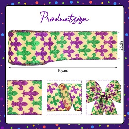 Glodecart Mardi Gras Ribbon for Wreath Bow Wrapping Gifts, Purple Green Glitter Mardi Gras Ribbon for Gift Wrapping Party Supplies Carnival Festival Decoration 2.5" X 10 Yard - Image 2
