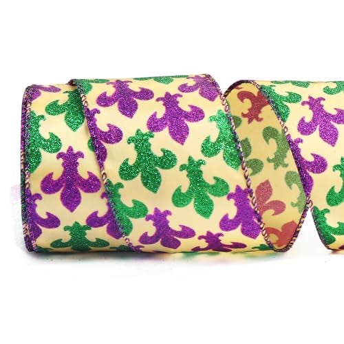 Glodecart Mardi Gras Ribbon for Wreath Bow Wrapping Gifts, Purple Green Glitter Mardi Gras Ribbon for Gift Wrapping Party Supplies Carnival Festival Decoration 2.5" X 10 Yard - Image 1