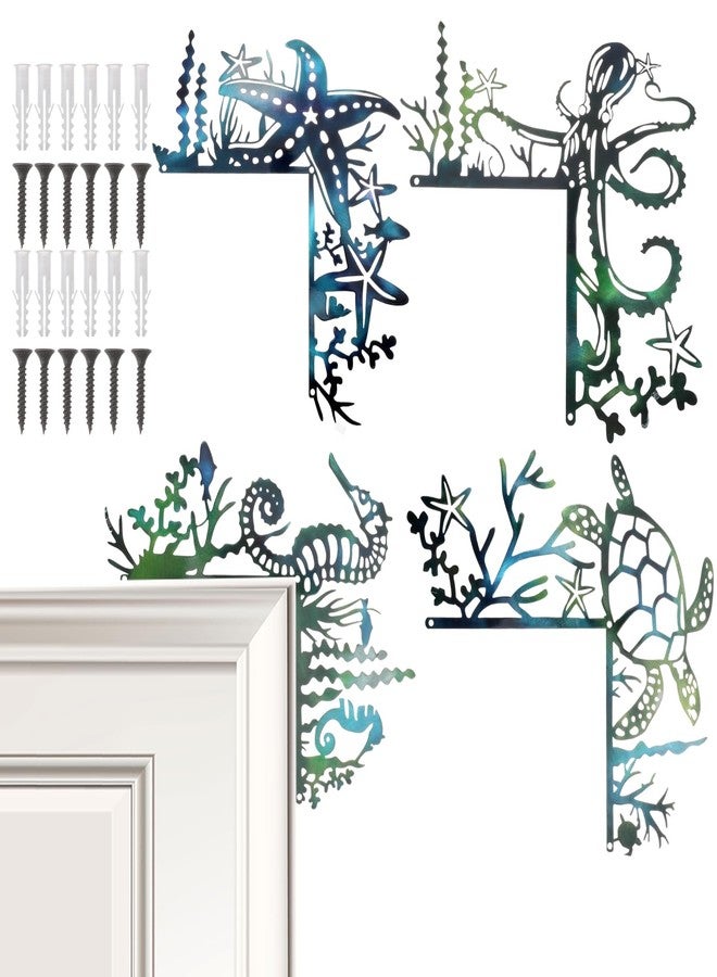 Caeuiciw 4 Pcs Door Frame Decor Set, Metal Beach Door Frame Decor Wall Art Signs for Indoor Outdoor Window Corner Bathroom Home Office (Ocean Style, Sea Turtle Starfish Seahorse devilfish) - Image 1