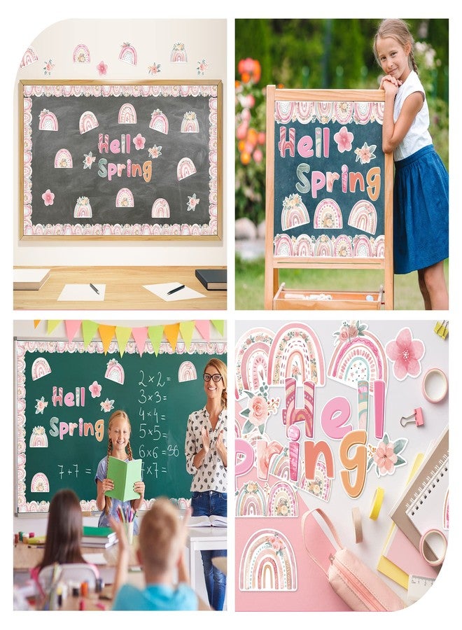 CY2SIDE Spring Boho Rainbow Cutouts - 98PCS Hello Spring Bulletin Board Set for Classroom Decorations Bohemian Rainbow Pink Flower Cardboard Trim Border Springtime Watercolour Floral Cutout for School - Image 5
