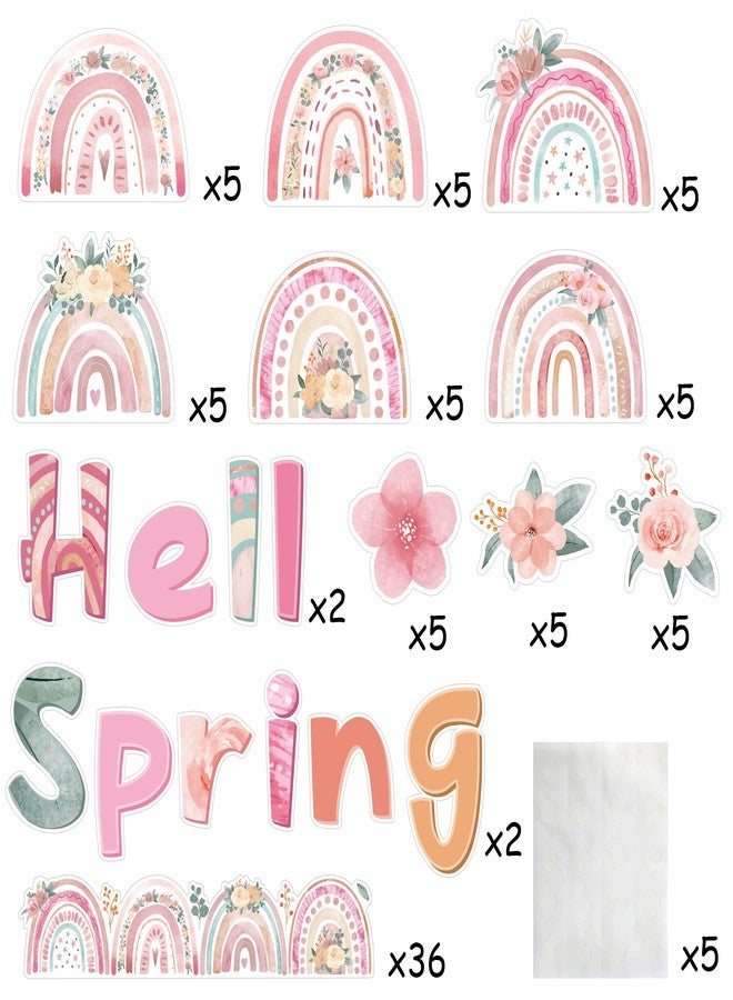 CY2SIDE Spring Boho Rainbow Cutouts - 98PCS Hello Spring Bulletin Board Set for Classroom Decorations Bohemian Rainbow Pink Flower Cardboard Trim Border Springtime Watercolour Floral Cutout for School - Image 2