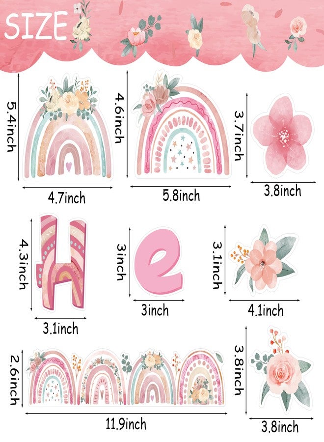 CY2SIDE Spring Boho Rainbow Cutouts - 98PCS Hello Spring Bulletin Board Set for Classroom Decorations Bohemian Rainbow Pink Flower Cardboard Trim Border Springtime Watercolour Floral Cutout for School - Image 3