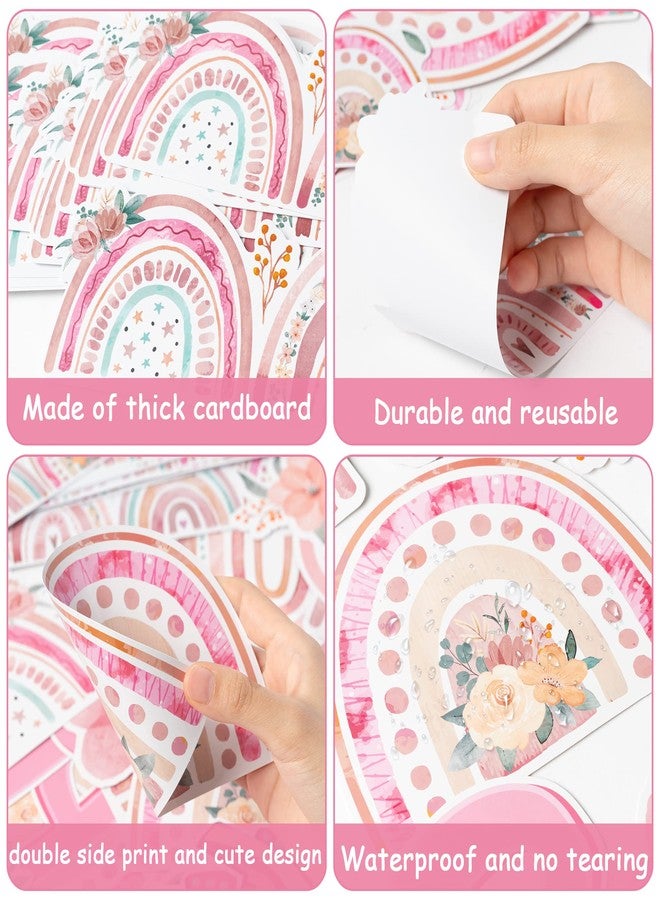 CY2SIDE Spring Boho Rainbow Cutouts - 98PCS Hello Spring Bulletin Board Set for Classroom Decorations Bohemian Rainbow Pink Flower Cardboard Trim Border Springtime Watercolour Floral Cutout for School - Image 4