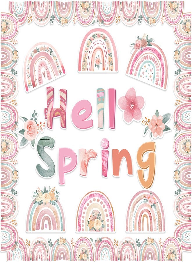 CY2SIDE Spring Boho Rainbow Cutouts - 98PCS Hello Spring Bulletin Board Set for Classroom Decorations Bohemian Rainbow Pink Flower Cardboard Trim Border Springtime Watercolour Floral Cutout for School - Image 1