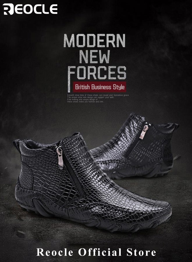 ريوكل حذاء رجالي كاجوال من الجلد بسحاب منقوش بخطوط تمساح ونعل مضاد للانزلاق وجلد منقوش ونمط عمل غير رسمي للرجال - Image 3