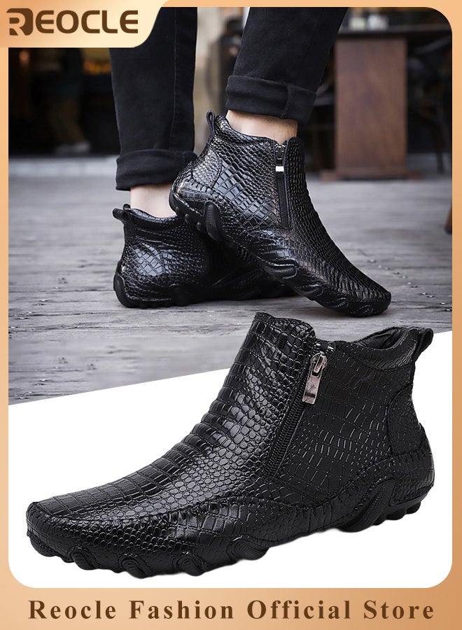 ريوكل حذاء رجالي كاجوال من الجلد بسحاب منقوش بخطوط تمساح ونعل مضاد للانزلاق وجلد منقوش ونمط عمل غير رسمي للرجال - Image 1